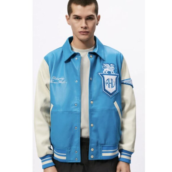 Zara X Rhuigi Leather Varsity Bomber Jacket Blue White NWT - Picture 7 of 13